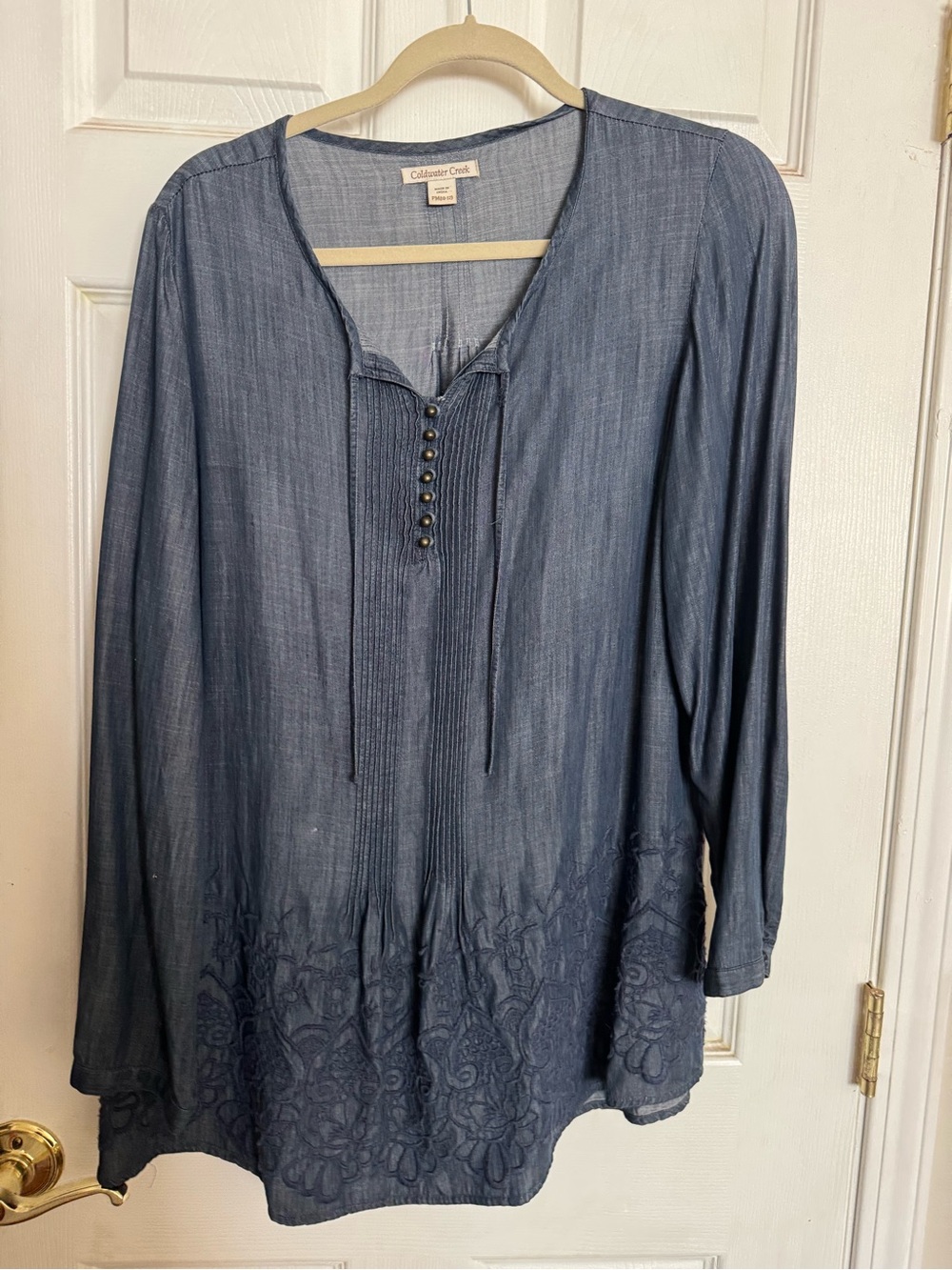 Coldwater Creek Indigo Blue Embroidered Peasant Tunic